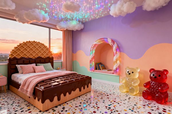 A whimsical kids’ bedroom with a bed shaped like a chocolate bar topped by a waffle-cone headboard faces a large window at sunset. Pastel lavender and peach wavy walls with mint trim frame a glowing candy-cane reading nook, confetti terrazzo floor, and two translucent gummy-bear chairs. The ceiling features fiber-optic rainbow lights and fluffy cloud sculptures, while soft pink bedding and pillows add coziness.