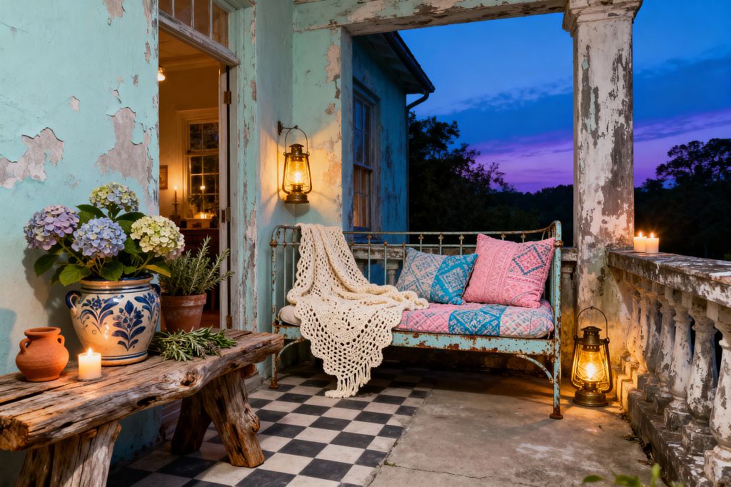 A shabby chic porch at dusk with distressed aqua walls and a weathered white balustrade. A chippy-painted metal daybed holds pink and blue quilted cushions and a cream crochet throw. A rough-hewn wood bench displays a blue-and-white ceramic pot of hydrangeas, a small terracotta pot, herbs, and candles. Brass-and-glass lanterns and candles cast warm light over black-and-white checkerboard tiles and worn concrete, with a deep purple sky beyond the railing.