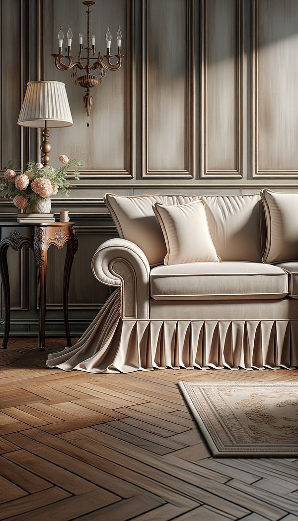 An elegant living room with a tailored slipcover on a couch, featuring a clear view of a kick pleat at the bottom, adding sophistication to the room’s decor.
