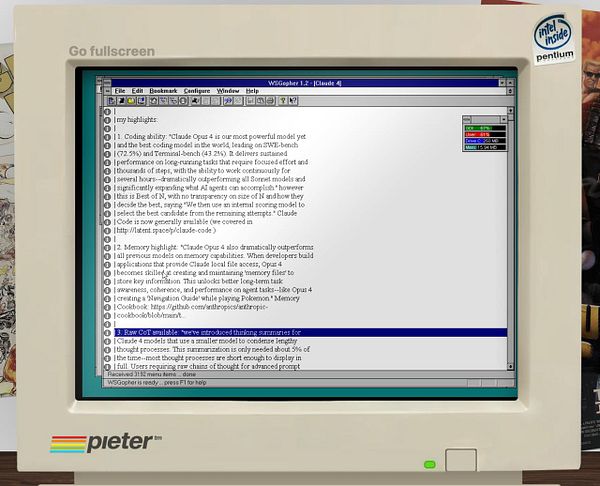 A vintage computer screen displays notes about the Claude 4 launch, highlighting its features and capabilities.