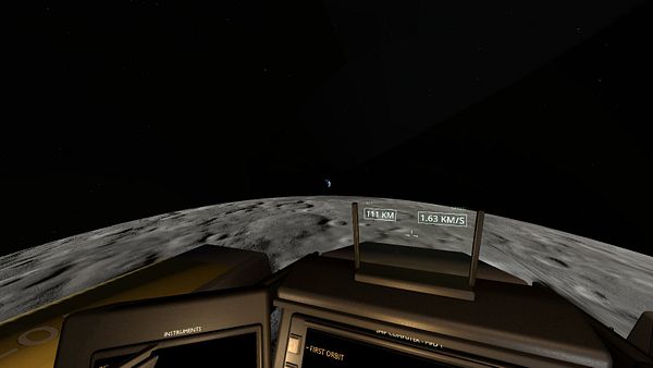 View from a spacecraft cockpit in a space simulation showing a moon surface, Earth in the distance, and a heads-up display with distance and speed data.
