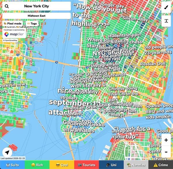Screenshot of a mapping app screen showing a neighborhood area with a popup for renaming a location from 'Hip' to 'Cool'.