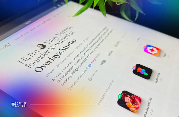 The image displays a digital profile page featuring Vijay Verma, founder of Overlayz Studio, along with various project icons.