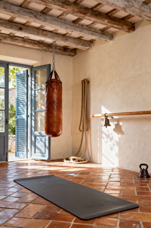 A sunlit home gym in rustic French Country style features terracotta tile flooring, limewashed plaster walls, and weathered timber ceiling beams. Blue-gray French doors open to the outdoors, while a cognac leather punching bag hangs by a steel chain. A coiled rope, wooden wall barre with a small metal bell, a cast-iron kettlebell, and a dark exercise mat complete the simple, functional setup.