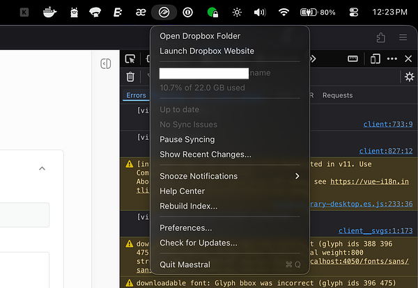 The image displays a macOS interface showing the Maestral Dropbox app menu alongside a developer console with error messages.