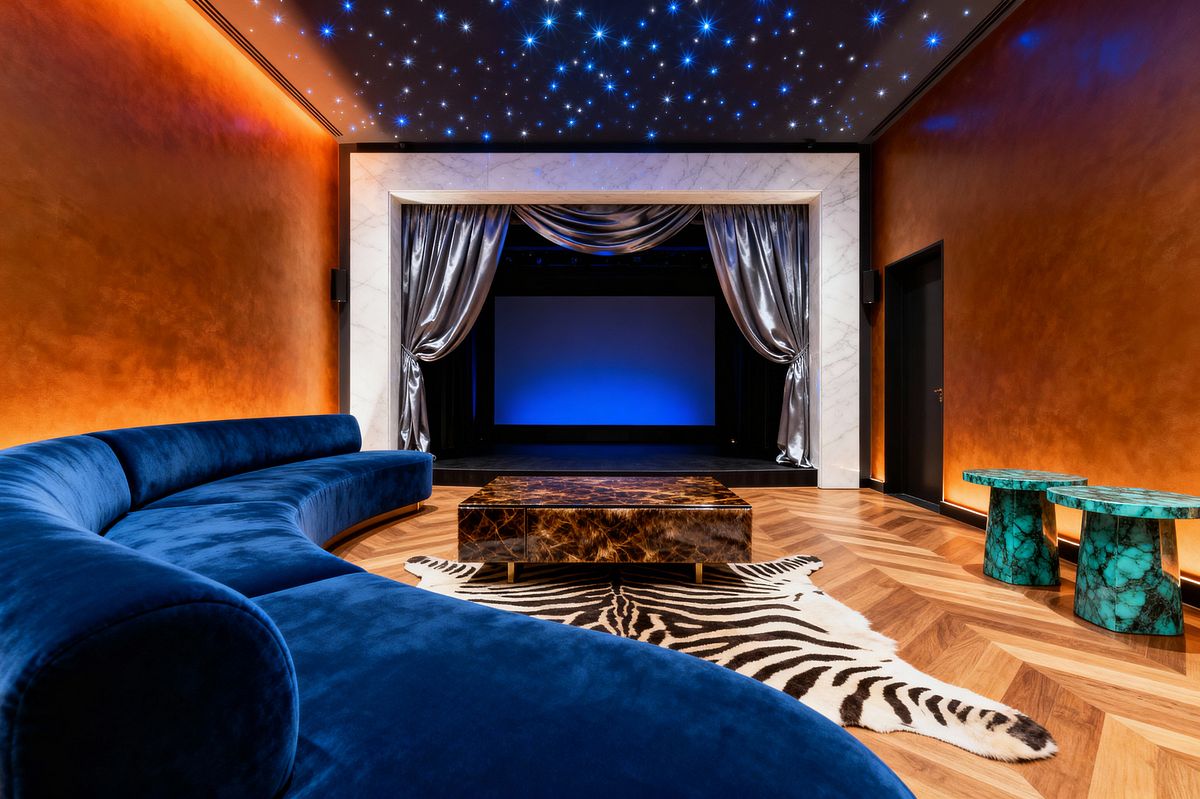 Room AI – Starry Velvet Media Room with Marble Proscenium - Interior