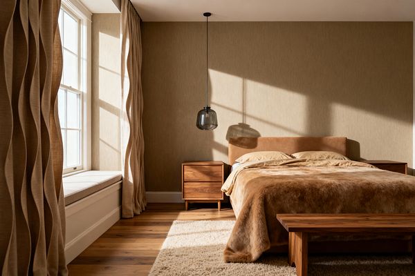 A sunlit bedroom features a camel suede-upholstered bed against a beige textured wall, with walnut nightstands and a matching wood bench at the foot. A smoked-glass pendant hangs over one nightstand, a cream shag rug softens matte oak floors, and tall white-trim windows with a cushioned window seat are dressed in ripple-fold linen drapery that casts sculptural shadows across the room.