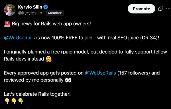 A tweet announcing that the @WeUseRails platform is now completely free for Rails web app owners.
