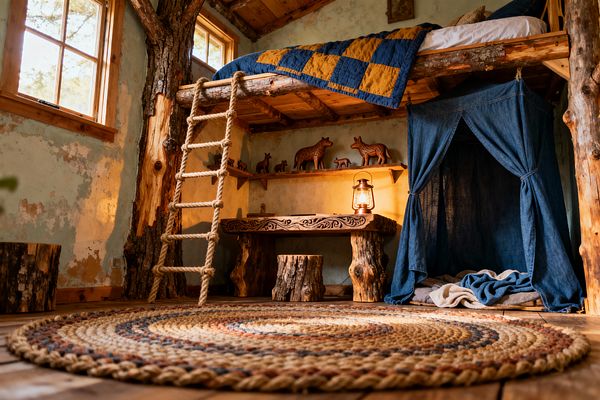 A rustic kids’ room features a log-built loft bunk anchored by tree-trunk posts, reached by a thick rope ladder. Below, a denim-draped play nook sits beside a hand-carved wood desk and stump stool, with a metal lantern casting warm light. A shelf holds small wooden animal figures. Weathered plaster walls, wood-framed windows, plank ceiling, and a round braided jute rug complete the space, mixing natural textures in warm browns, indigo blue, and mustard quilted bedding.