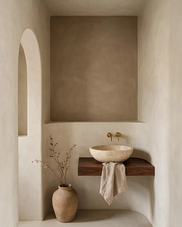 A serene organic modern bathroom with smooth plaster walls, an arched opening on the left, and a recessed niche above a floating dark wood vanity shelf. A round stone vessel sink sits beneath brass wall-mounted faucets, with a textured towel draped below and a tall clay vase with dried branches adding a natural accent.