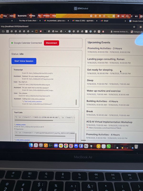 The image displays a dashboard interface for a voice assistant application with a transcription feature and upcoming events list.