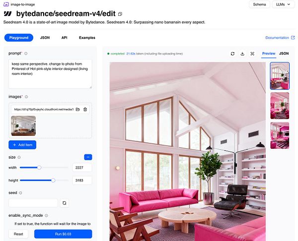 The image displays a modern living room interior featuring vibrant pink furniture and large windows.