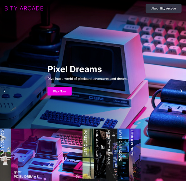 The image features a vibrant, retro-themed webpage for 'Bity Arcade' showcasing pixelated games.