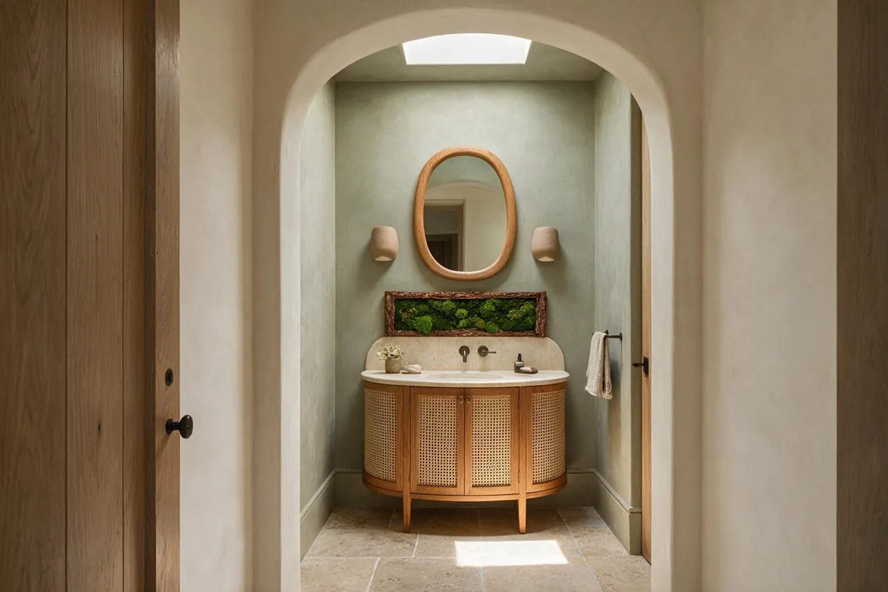 A compact powder room with a tall arched opening, soft sage walls, and a rounded wooden vanity with cane front panels. An oval mirror hangs above a sink, flanked by two wall sconces, and a moss-like green decorative panel adds a natural focal point.