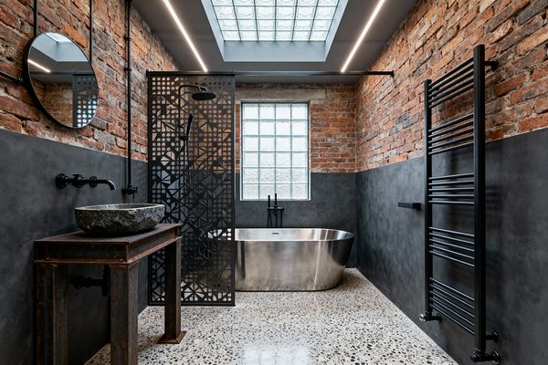 Industrial bathroom with exposed red brick above charcoal plaster and speckled terrazzo flooring. A freestanding stainless steel bathtub sits beneath a glass-block window and a large skylight flanked by linear LED strips; at left, a perforated black steel screen defines the shower with a rain head and hand shower, while a rough stone vessel sink rests on a rusted steel console with matte black wall-mounted taps and visible pipework; a black ladder towel radiator lines the right wall.