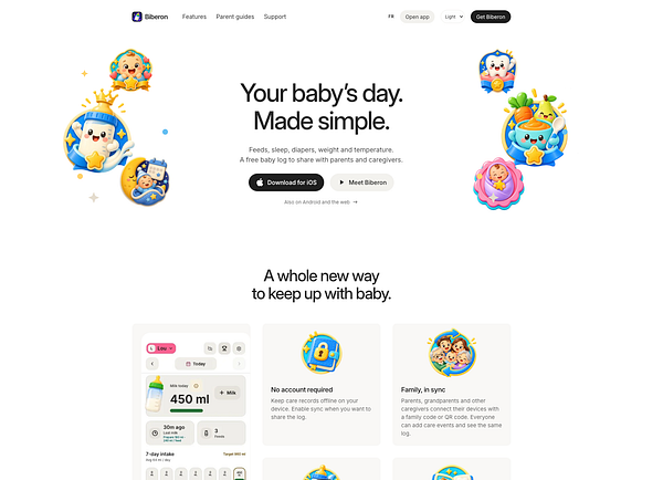 Homepage of Biberon app showcasing baby care features and app download options.