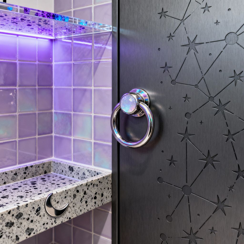 Close-up of a mudroom nook featuring iridescent lavender square tiles, a clear acrylic shelf sprinkled with holographic flecks, and purple LED underlighting. A speckled gray terrazzo catchall with a crescent-moon pull sits beside a matte black cabinet door etched with constellation patterns, finished with a chrome ring pull topped by an opalescent cap.