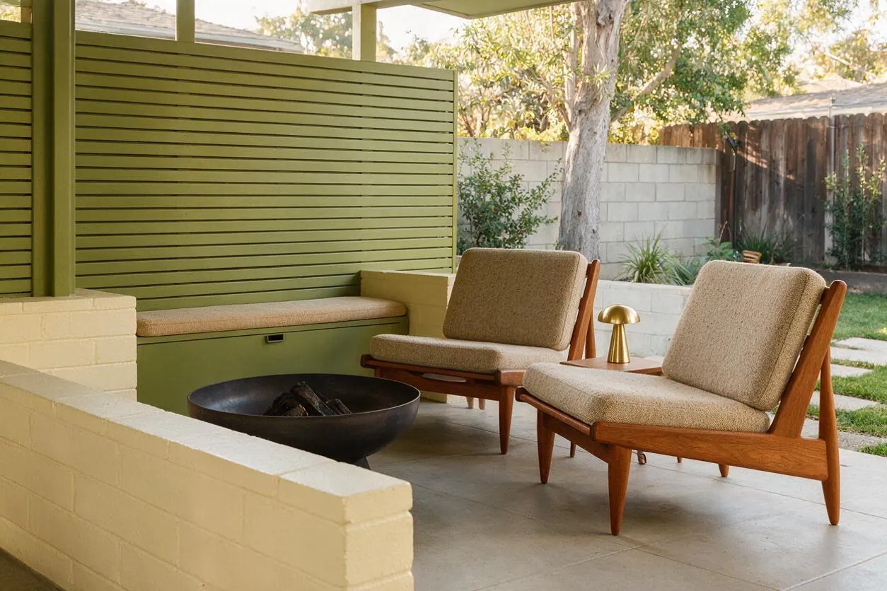 A covered backyard patio with olive green slatted wall panels, cream-painted brick seating walls, and a black round fire bowl centered on a concrete floor. Two teak lounge chairs with beige cushions and a small brass side table create a relaxed Mid-Century Modern seating area, with trees and a fence visible in the landscaped yard beyond.