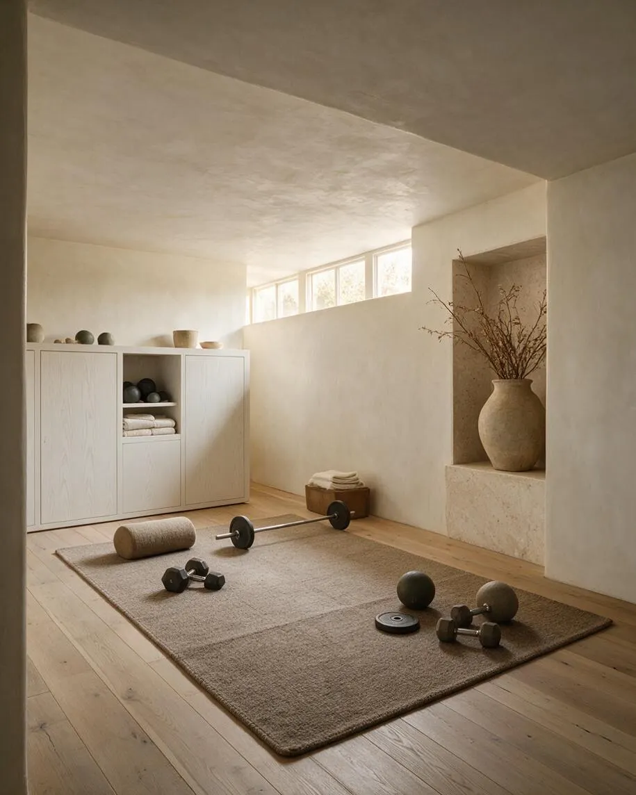 A calm home gym with warm wood floors, a large textured neutral rug, and minimalist workout equipment including dumbbells, a barbell, and a foam roller. Built-in white storage cabinets, a stone display niche with a tall vase of dried branches, and soft daylight from high horizontal windows create a quiet Organic Modern atmosphere.