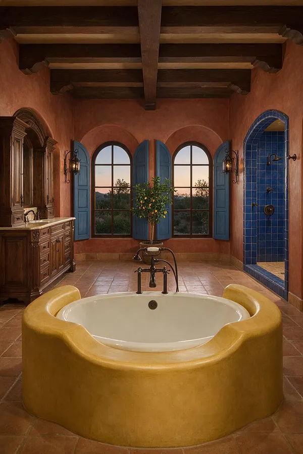 A Mediterranean-style master bathroom with terracotta walls, dark wood ceiling beams, arched windows with blue shutters, and a large yellow tub centered in the room. An ornate wooden vanity sits on the left, while a blue tiled shower with arched opening adds a bold accent on the right.