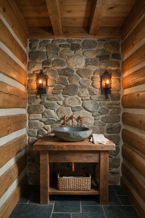 A narrow rustic powder room with log-style wood walls, a stacked river stone back wall, and a thick reclaimed wood vanity. A round stone vessel sink sits beneath copper faucets, with lantern sconces glowing on both sides and a woven basket stored on the open lower shelf.