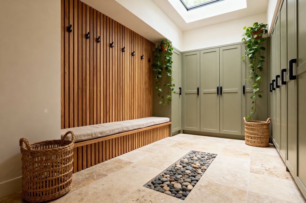 A light-filled mudroom features a vertical oak slat wall with a long built-in bench topped by a beige linen cushion and a row of matte black hooks. Opposite, sage-green Shaker cabinets with black pulls sit beneath a large skylight, while warm travertine floor tiles include a recessed strip of smooth river stones; rattan baskets and trailing pothos plants in terracotta pots add natural texture.