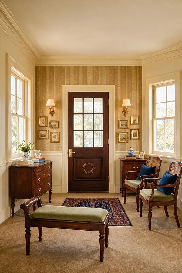 A traditional front porch or entry sitting area with a dark wood door centered between two large windows, patterned wallpaper, cream trim, and classic wall sconces. The space includes vintage-style wood furniture with cane backs, green cushions, blue throw pillows, a small rug, and framed artwork, creating a refined, welcoming atmosphere.