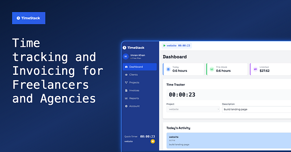 The image displays the dashboard of a time tracking and invoicing app called TimeStack.