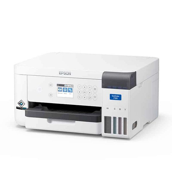 A white Epson printer with a digital display and ink tanks.