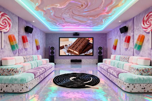 A whimsical media room features two mirrored pastel sofas with terrazzo bases and plush mint, pink, and white cushions facing a large screen with tower speakers, while lavender upholstered walls display oversized lollipop and popsicle sculptures. A glossy swirled ceiling with color-changing LED cove lighting reflects onto an iridescent epoxy floor centered by a black spiral rug resembling licorice, creating a playful candy-inspired theater.