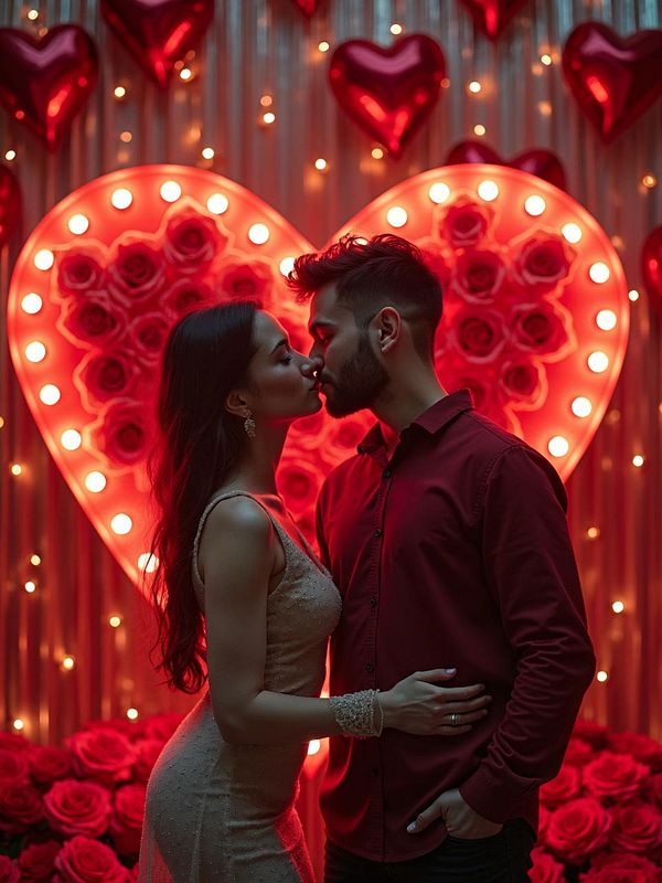 A romantic couple shares a kiss in front of a vibrant Valentine's Day backdrop.