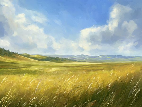 A vibrant landscape featuring rolling hills and a vast field under a blue sky with fluffy clouds.