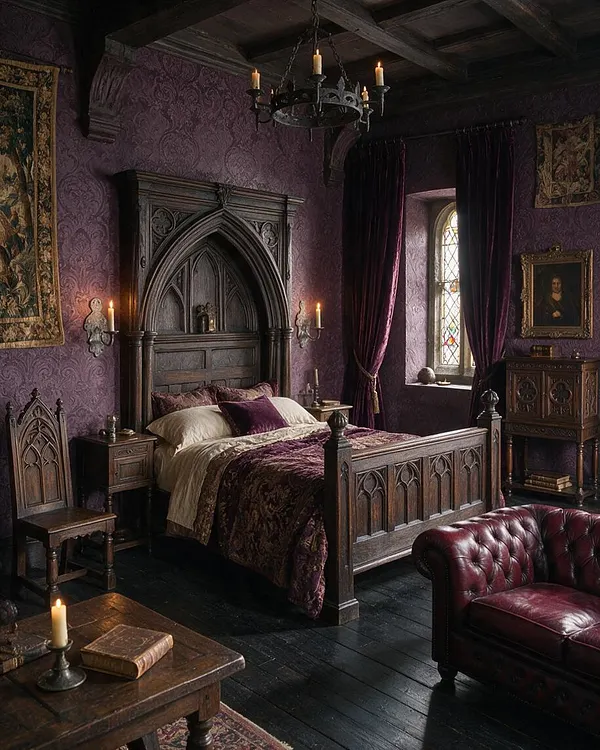 A dark Gothic-style master bedroom with a carved wooden bed centered beneath an ornate pointed-arch headboard surround. Purple patterned wallpaper, burgundy velvet curtains, stained-glass window, candle sconces, and a deep red tufted leather chair create a moody, historic atmosphere.