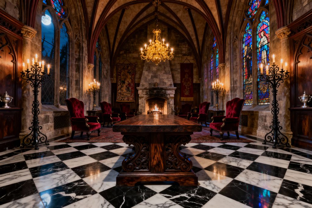 A grand Gothic dining room with a black-and-white marble checkerboard floor and a massive carved dark-wood trestle table centered beneath a gilded chandelier. Pointed arches and ribbed vaults rise above stone walls lined with tall stained-glass windows. Red velvet wingback chairs flank the space on patterned rugs. Wrought-iron candelabras and a roaring stone fireplace provide warm light, while decorative tapestries hang near the hearth and moonlight shows through a tracery window.