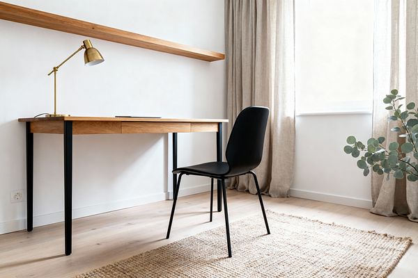 Minimalist Scandinavian home office with a slim light-oak desk on black metal legs, topped with a brass adjustable task lamp and a closed laptop. A matching floating wood shelf runs along the white wall, opposite a matte black chair on slender legs. Natural light pours through a large window with beige linen curtains, illuminating a pale oak floor and a chunky woven jute rug. A eucalyptus branch adds greenery in the corner.