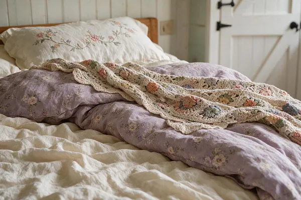A cozy cottagecore bed dressed in layered cream and lavender bedding, with a floral embroidered pillow, a lilac quilt, and a crocheted throw draped across the center. A white paneled door and soft wood accents frame the relaxed, handmade look.