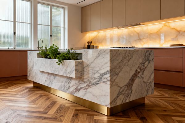 A contemporary kitchen featuring a waterfall marble island on a brass plinth with an integrated herb planter on the front. Along the back wall, matte clay lower cabinets and taupe upper cabinets frame a glowing, backlit onyx backsplash illuminated by under-cabinet LEDs. Herringbone oak flooring adds warmth, while ribbed-glass windows diffuse daylight. A brushed brass faucet, flush cooktop, and handleless cabinetry complete the clean, modern look.