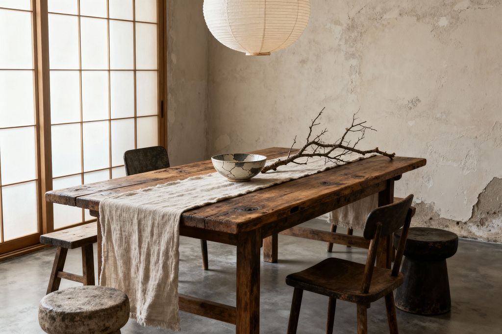 Dining room in Wabi-Sabi style featuring a long, weathered wooden table with visible knots and a soft linen runner. Atop it sit a cream crackle-glazed bowl and a bare branch arranged off center. Seating mixes simple wooden chairs and low stools on a smooth gray concrete floor. A round rice-paper pendant hangs above, while light from wood-framed shoji screens washes over textured, timeworn plaster walls, creating a calm, natural atmosphere.