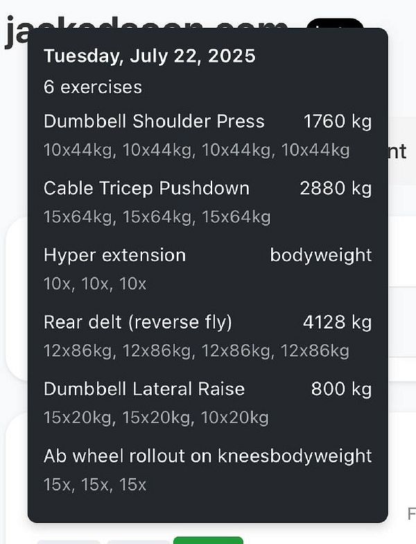 A detailed workout plan for July 22, 2025, listing six exercises with weights and repetitions.