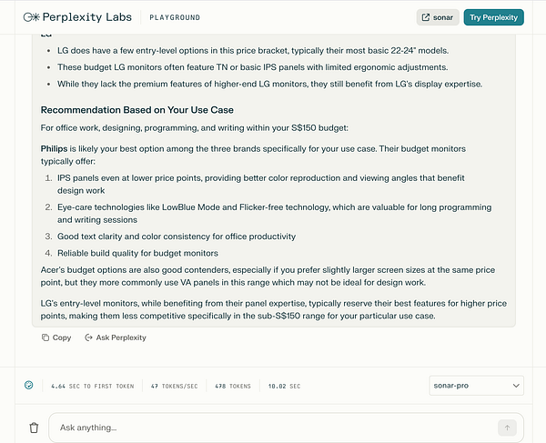 The image displays a screenshot of the Perplexity Labs interface, showcasing a discussion about budget monitors.