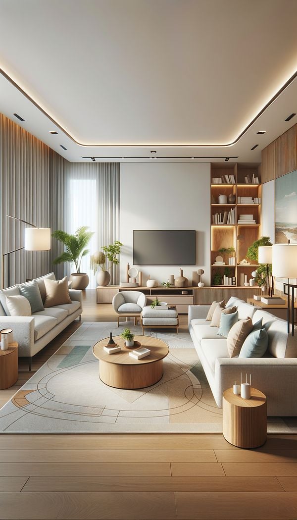 An interior design of a living room featuring a neutral color palette, comfortable and adaptable furniture, and decorative elements that appeal to a broad audience, embodying the concept of gender neutral design.