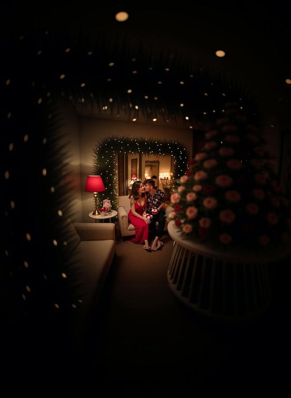 A cozy indoor setting featuring a group of people gathered together, surrounded by decorative elements and soft lighting.