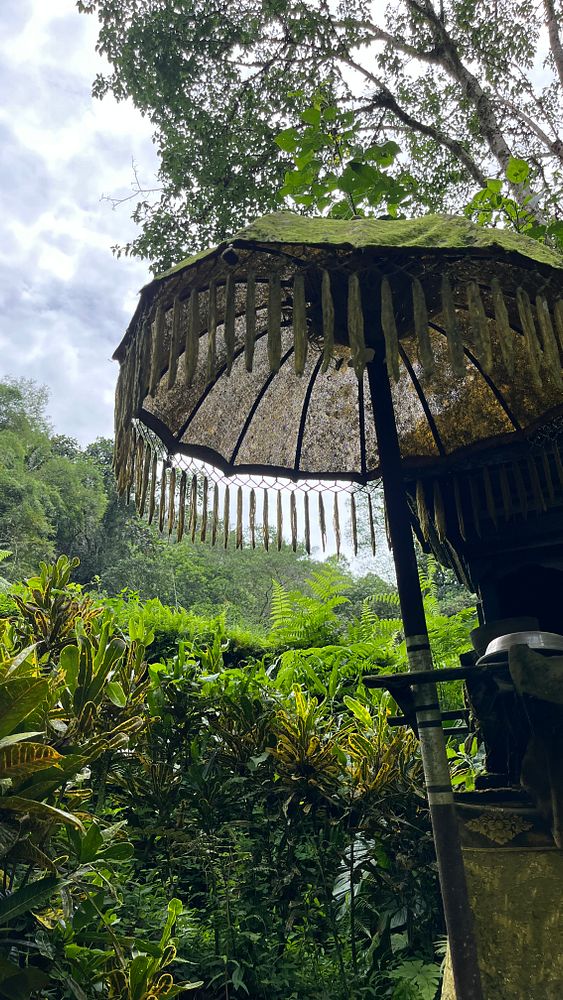 A traditional Balinese umbrella is silhouetted against a lush green landscape.