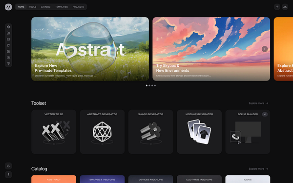 The image displays a user interface for a design tool featuring spotlight cards and a toolset.