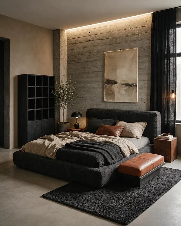 A moody bedroom with exposed concrete walls and a dark upholstered platform bed dressed in layered beige and charcoal bedding. Black curtains, a cubed shelving unit, warm wood nightstands, a leather bench, and a textured dark rug add depth and warmth.