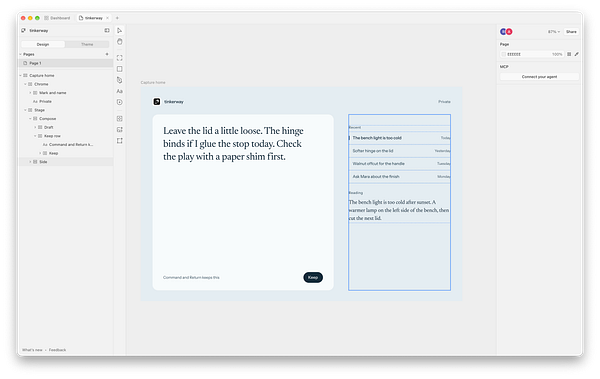 User interface of a note-taking design tool showing a capture screen with note input and recent notes list.