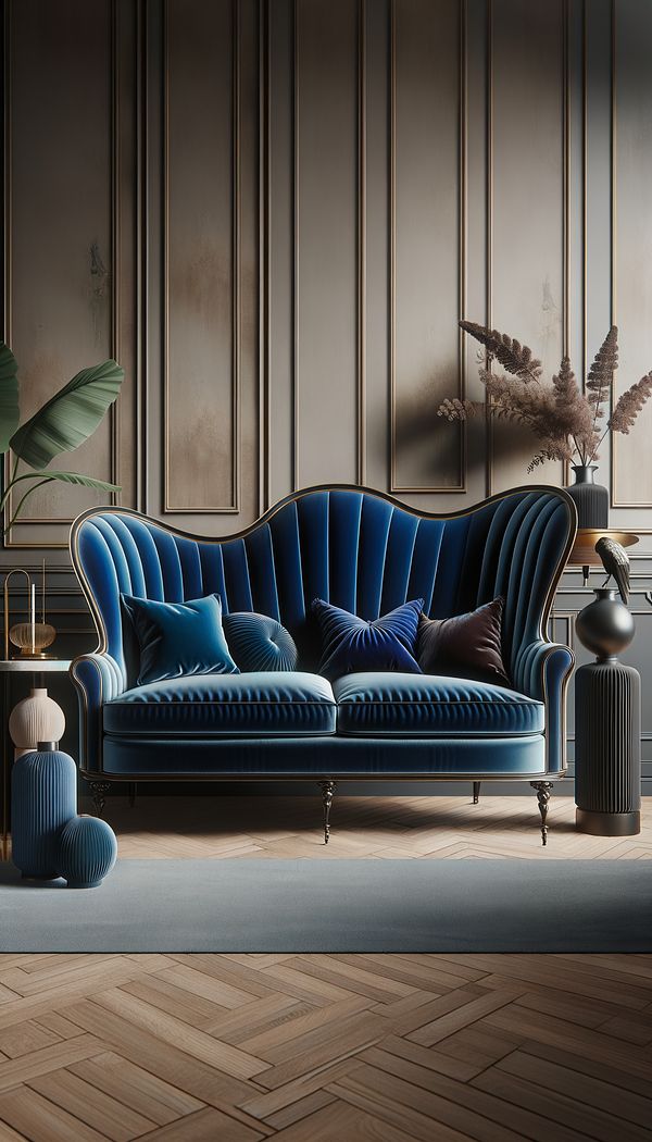 An elegant living room with a traditional camelback sofa upholstered in deep blue velvet, surrounded by modern decorative objects and accessories.