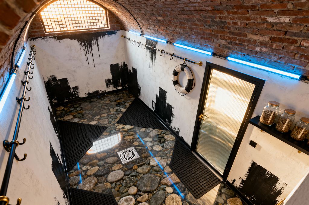 A small mudroom with a barrel-vaulted red brick ceiling and distressed white walls marked by black paint strokes. Steel rails with brass hooks line both sides, illuminated by blue tube lights. The floor is a glossy epoxy surface encapsulating rounded river stones with a central drain, topped by black rubber mats. A ribbed glass door with a black frame and brass handle faces a wall-mounted life ring and a shelf holding glass jars with cork lids.