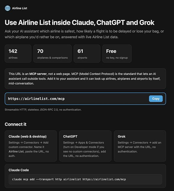 Instructions to use Airline List MCP server URL with AI assistants Claude, ChatGPT, and Grok, including connection steps and code example.