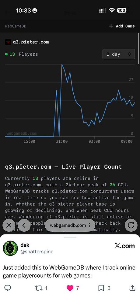 Screenshot of a Quake 3 game match in progress with status and chat overlay from q3.pieter.com.